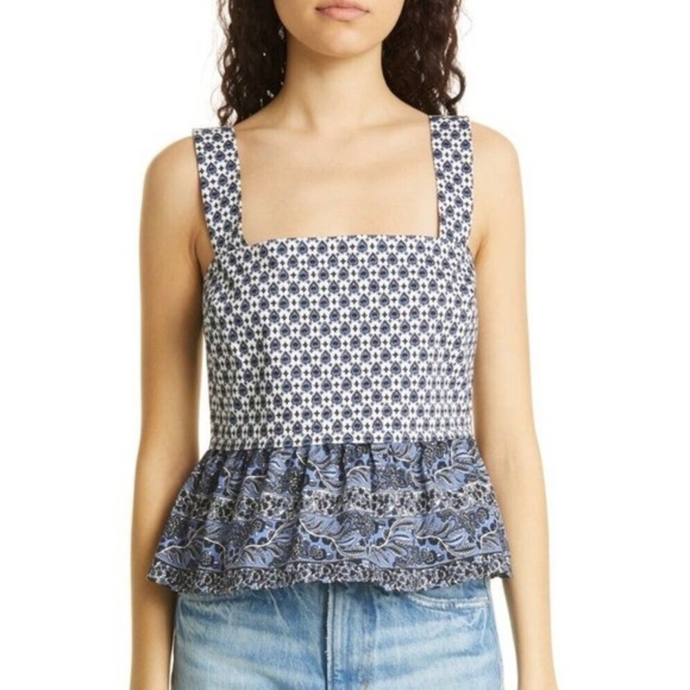 Veronica Beard Blue Floral/Paisely Ruffle Top (originally $298) size 8